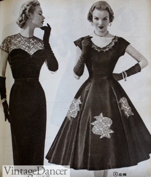 1950s cocktail dresses. 1950s Sheath and full silhouettes were worn e