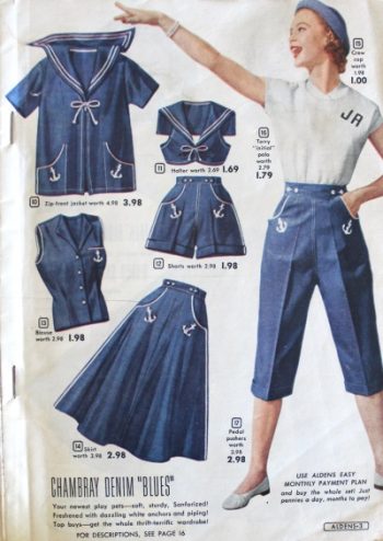 1950s matching summer sialor inspired clothes. Shorts, skirts, middy tops.