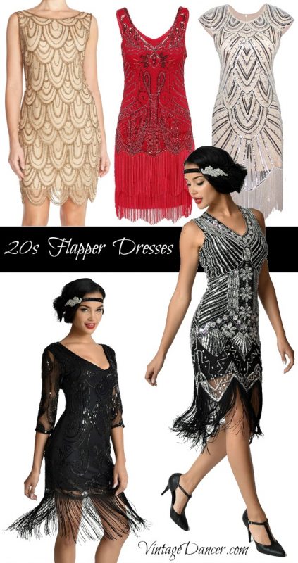 20s flapper dresses in red, gold, white, silver and black! Shop them at vintagedancer.com