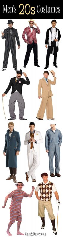 20s mens costumes ideas gangster, boater, Great Gatsbym Charlie Chaplain, Newt Scamander, mechanic, swimmer, golfer, Old Hollywood star at VintageDancer