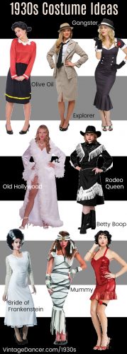 1930s costume ideas - Olive Oil, Betty Boop, gangster (Bonnie), Old Hollywood siren, Rodeo queen, Bride of Frankenstein, the Mummy and more classic vintage Halloween costumes.