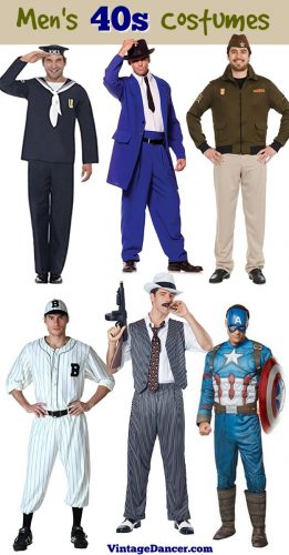 1940s 40s mens costumes ideas Navy sailor, zoot suit gangster, mafia, ww2 pilot, vintage baseball players, Captain America at VintageDancer
