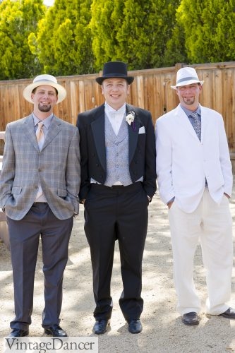 My groom and his groomsmen in vintage inspired clothing for our wedding