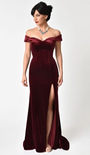 1950s evening dress, long velvet gown