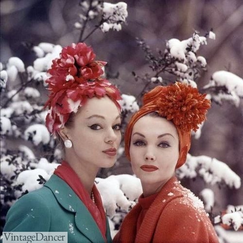 1950s Fancy, tall, turban wraps with flowers 50s fashion 