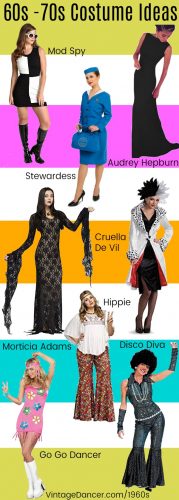 11960s-1970s Costume Ideas - Hippies, Disco, Stewardess, Mortician Adams, Audrey hep burn, Spy, Go Go Dancer, Cruella De Vil, and more at VintageDancer.com/1960s