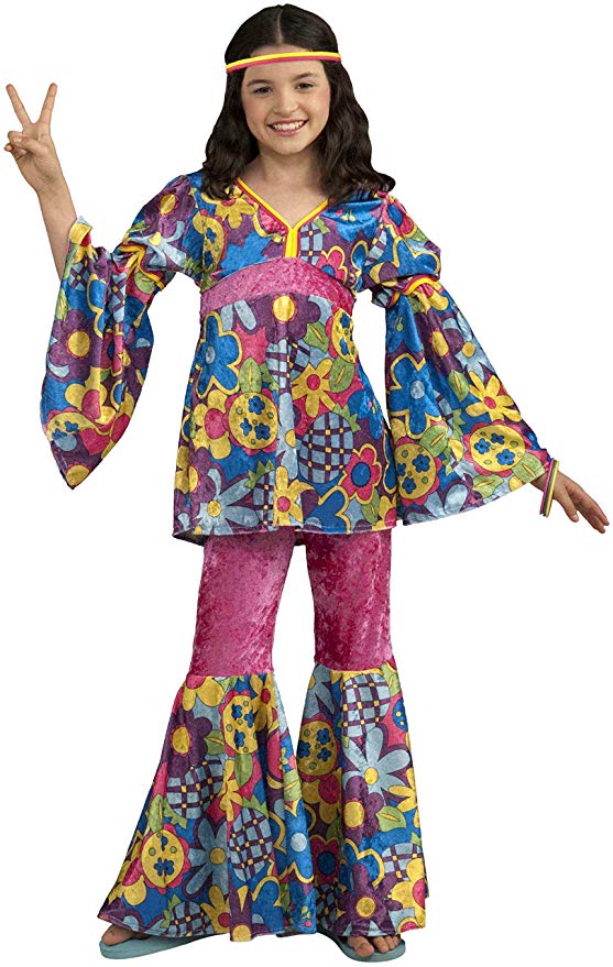 Girls Hippie Fancy Dress Costume 1960s 70s Hippy Kids Fancy Dress Retro Outfit N 