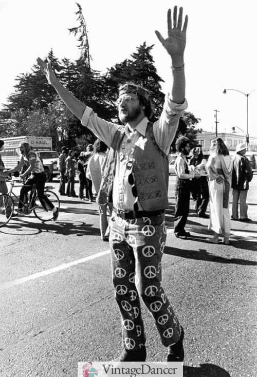 A Hippie protester in peace sign jeans