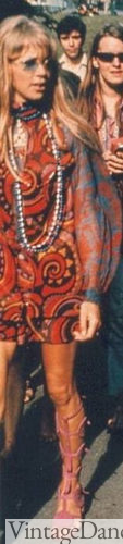 60s hippie fashion - Pattie Boyd-Harrison ethnic print dress, purple gladiator sandals