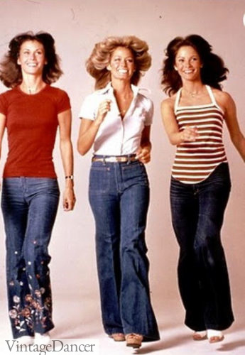 1970s Wide leg jeans denim with casual tops 1970s fashion history