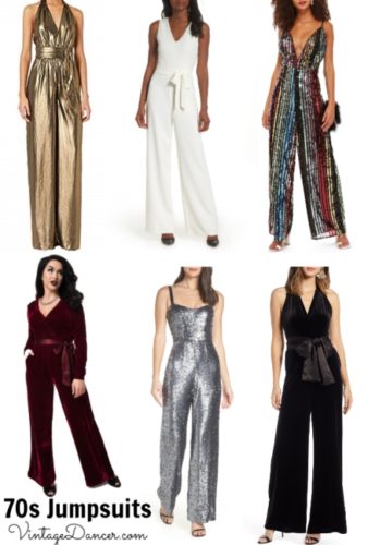 70s jumpsuits, 1970s jumpsuits, retro jumpsuits in black, white, gold, silver, rainbow stripes, sequins, velvet and more at vintagedancer