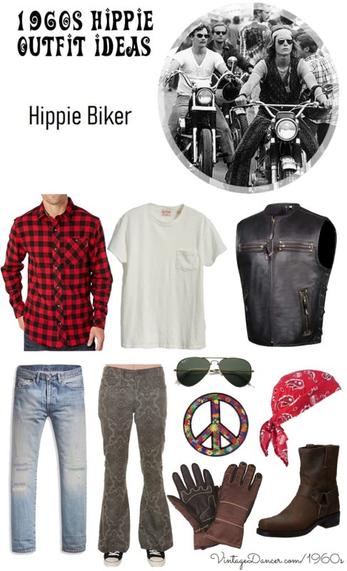60s Men's Hippie Outfit Ideas - Hippie Biker. Make it more grizzled or more peace advocating to your liking. at VintageDancer