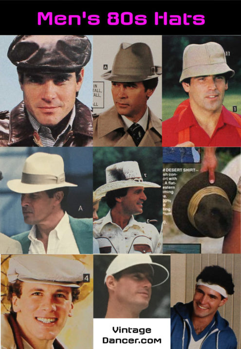 80s men's hats: leather cap, walker, bucket, fedora, western, safari, cap, visor, sweatband