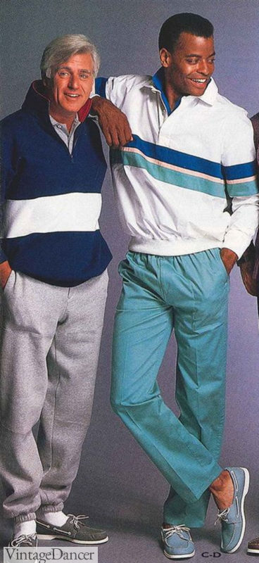 80s mens casual outfits: sweats or windbreaker with cotton pants at VintageDancer
