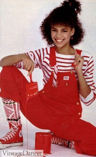 80s fashion trend for overalls in red, teens girls clothing