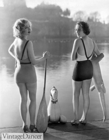 Adrienne Dore and Mae Madison 1935 in revealing strap back swimsuits