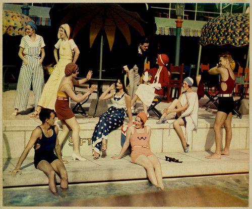 1930 swimwear and beach pajamas in color! 1930s bathing suits 30s swimsuits women ladies girls teens and men guys