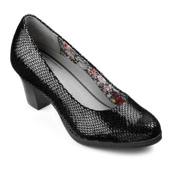 The Angelica in black snake by Hotter shoes. These have a great vintage shape, the perfect choice for 1930s outfits.