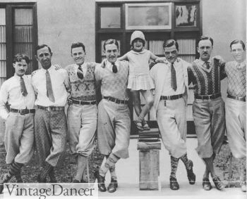 1920s men in argyle golf socks, plus fours and knit sweaters and vests.