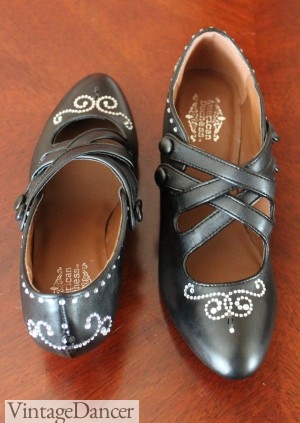 1920s shoes decorated with rhinestone stickers. Learn how at VintageDancer.com