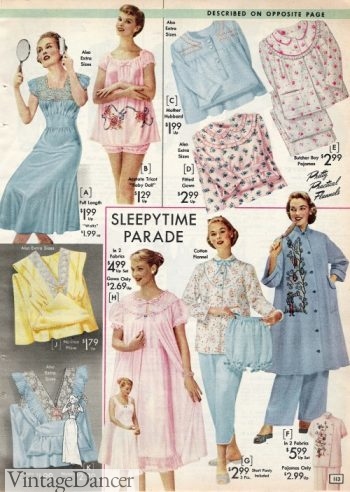 1957 nightgowns, babydoll nightie, pajamas