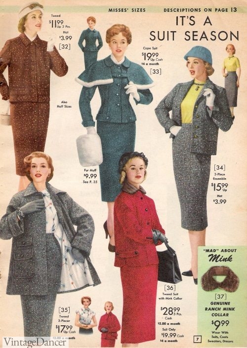 1957 ladies winter suits, skirts and jackets