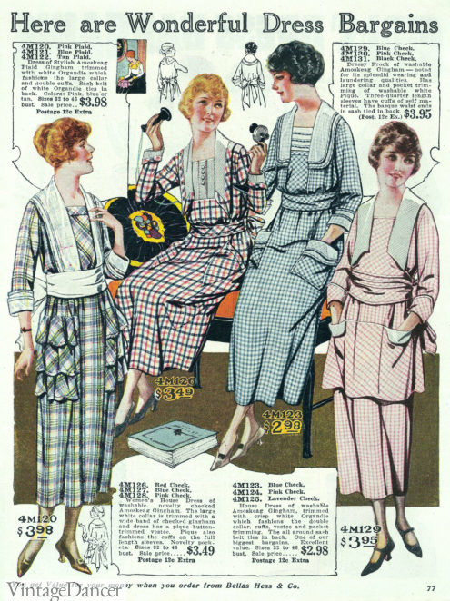 1921 Catalog of House Dresses. Checks and plaid were common prints. 