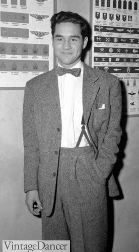 Charles Chaplin Jr. 1943 men bow tie suspenders suit