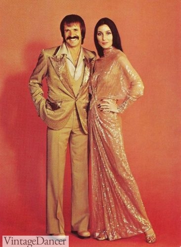 Cher with Sonny Bono wearing a gold sequin suit