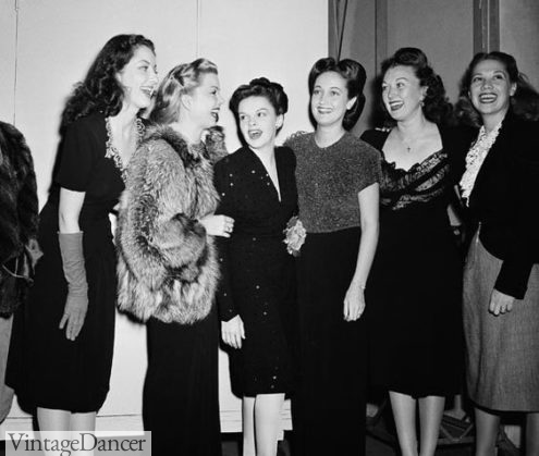 Cocktail party attire for the Christmas broadcast on Oct 30 1944 in Hollywood The group from left includes Virginia O'Brien, Frances Langford, Judy Garland, Dorothy Lamour, Ginny Simms, and Dinah Shore