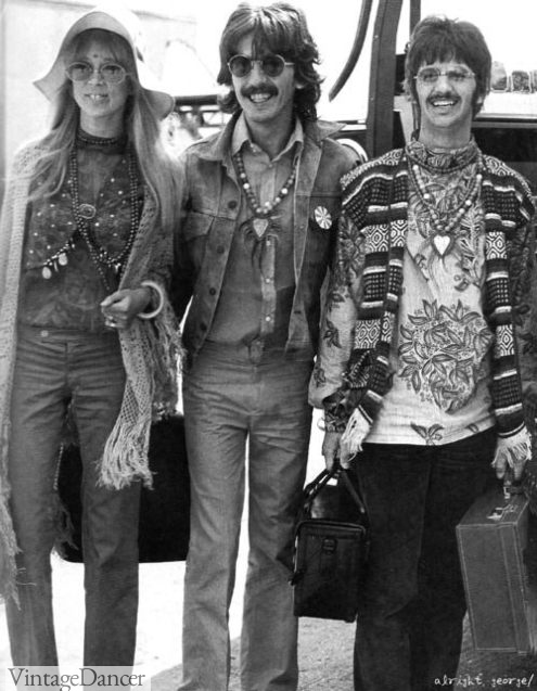 1960s hippie fashion icons msucians Pattie Boyd, George Harrison, and Ringo Starr 