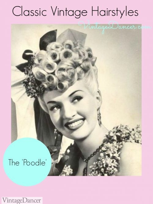 The 'Poodle' style is a mass of curls or pin curls pinned on top of the head. The curls would be arranged decoratively to frame the face.