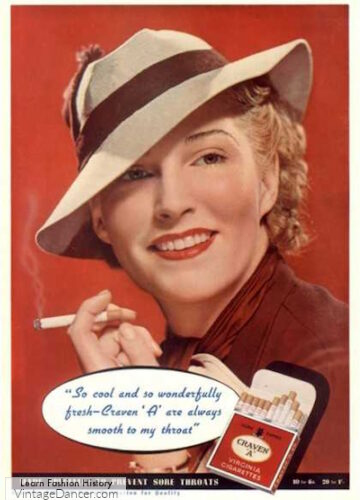 1930s hats styles history women, felt hat in a smoking ad
