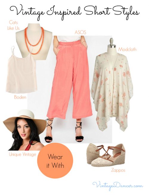 Harmonize colors and team culottes with some with a long strand of beads, a sun hat and wedges for a great retro look.