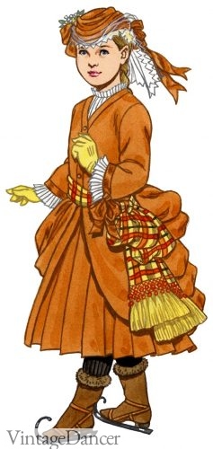 187s Victorian girls skating dress, coat, scarf, children's fashion