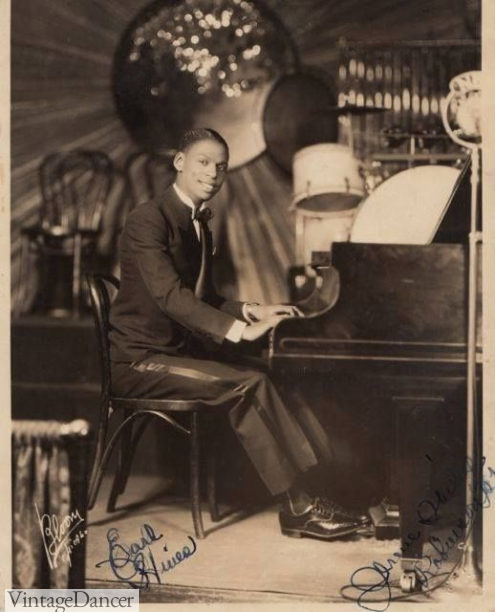 1929, Earl Hines, wears tuxedo pant with silk stripe