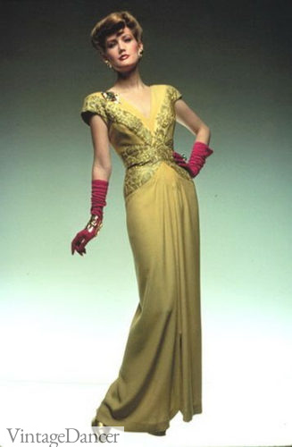 Early 40s evening gown with contrasting ruched gloves by Lange for Hildegarde