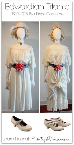 1912 Edwardian era white tea dresses for upper middle and first class Titanic passengers. Learn how to create these at VintageDancer.com