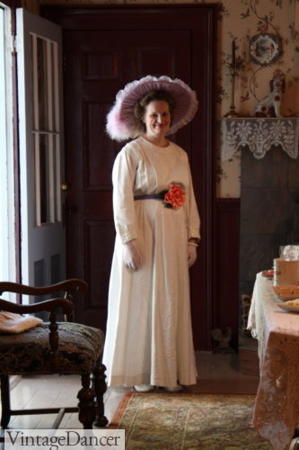 My real Edwardian white dress with sash and flower to show off a baby bump