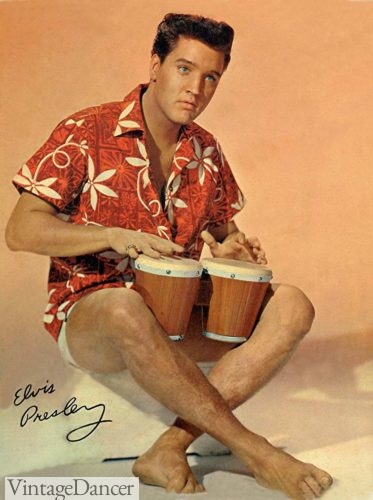 Elvis sporting a red Hawaiian print shirt 1950s