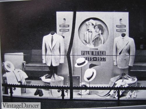 1930s mens fashion window: The palm beach look with iconic 1930s white suits, straw hats and shoes.