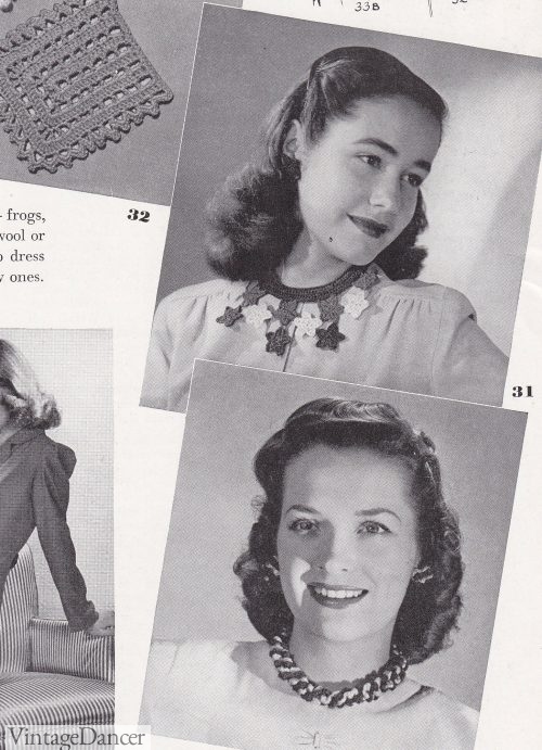 Women modelling crochet necklaces in 'Make and Mend', 1942