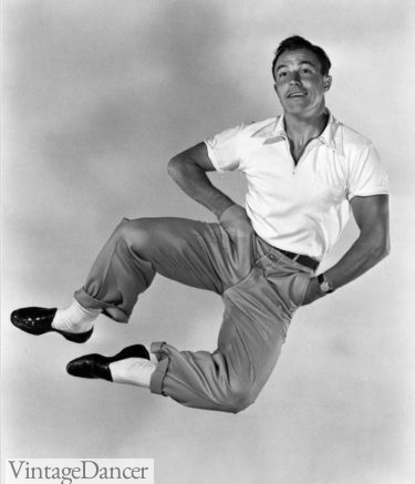 Gene Kelly dancing in a polo short, pants and loafers