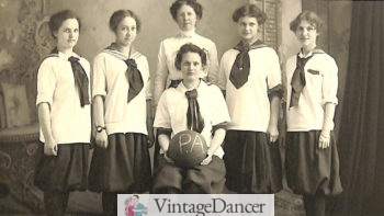 1920s George Fox university girls basketball team wearing middy tops and bloomer knickers
