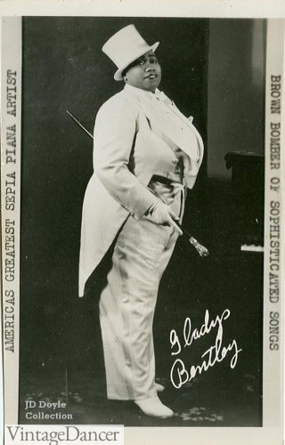 1920s Gladys Bentley often performed in a white formal suit/tuxedo