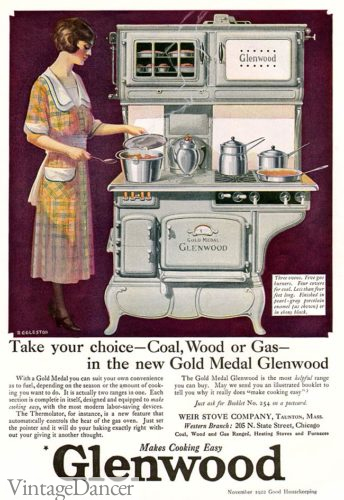 1920s housewife dress and stove kitchen ad for Glenwood