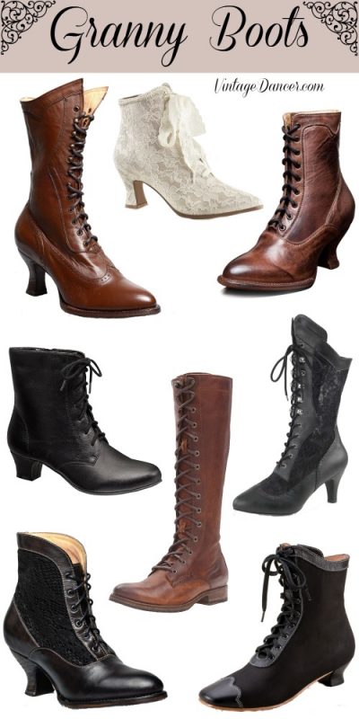 Granny boots, lace up boots, witches boots, old ladies boots, wedding boots at VintageDancer.ccom