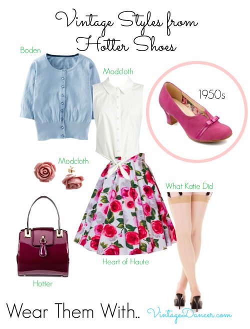 The Antoinette shoes in bright girly pink looks fabulous with feminine 1950s styles. Get this look at VintageDancer.com