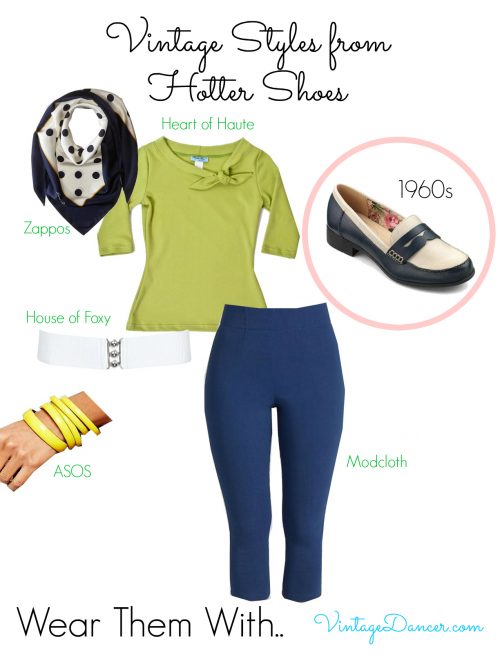 The contrasting cream and navy of the Sorbet loafers perfectly suits a 1960s style. Get this look at VintageDancer.com