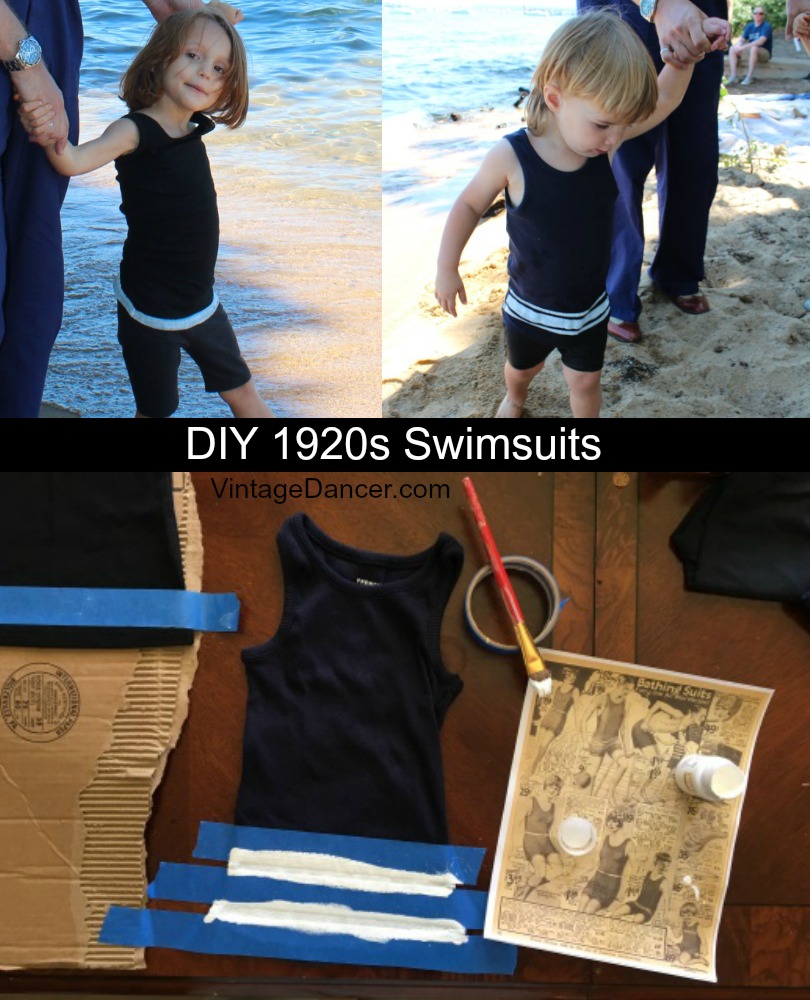 DIY 1920s Swimsuit easy! Start with a long tank top and matching knit shorts and paint on stripes. Add a white belt if you wish. Works for women's, men's and kids swimsuits